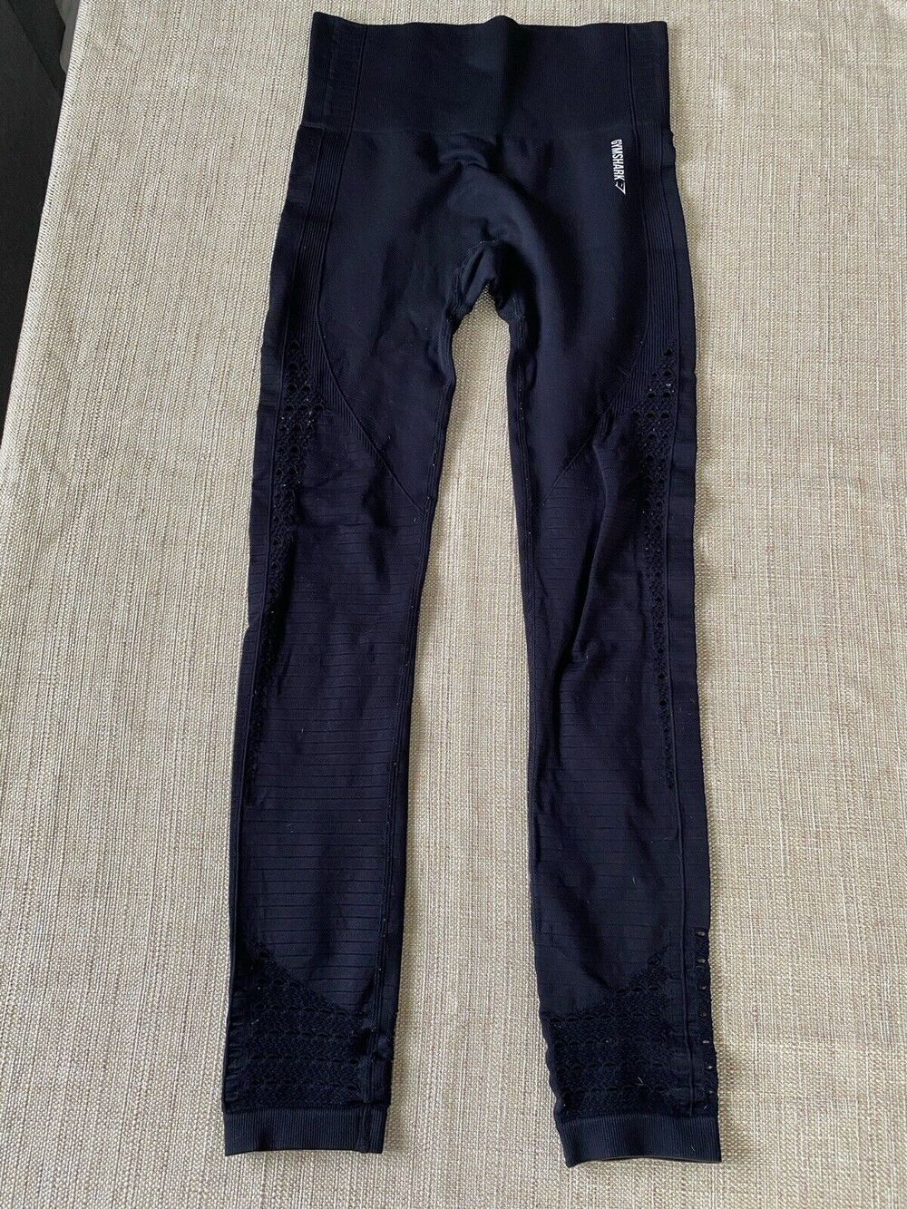 GYMSHARK Women's Black Leggings mesh Peekaboo Sides Stretch Wide Waistband XS